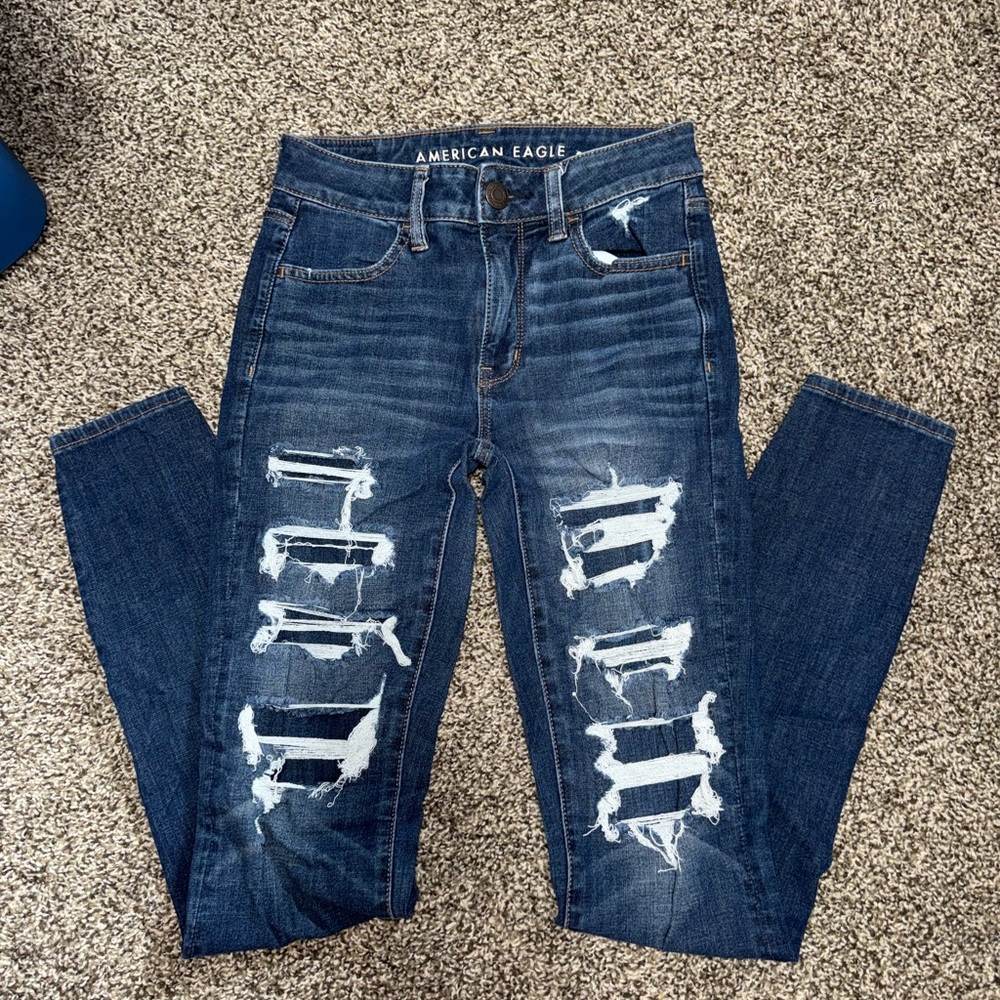 American Eagle Outfitters Women's High Rise Distressed Jeans - Dark Blue